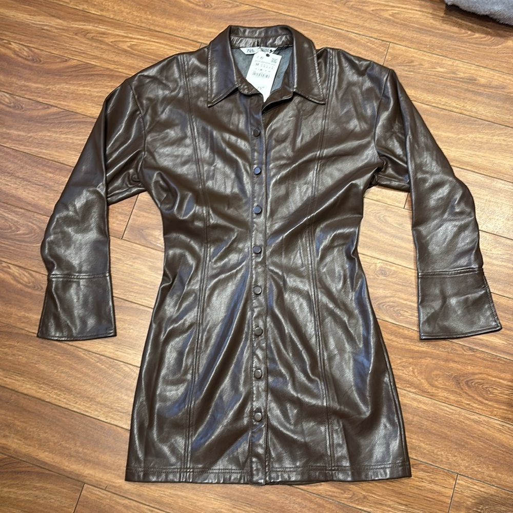 Zara women’s faux, leather brown dress, size medium.